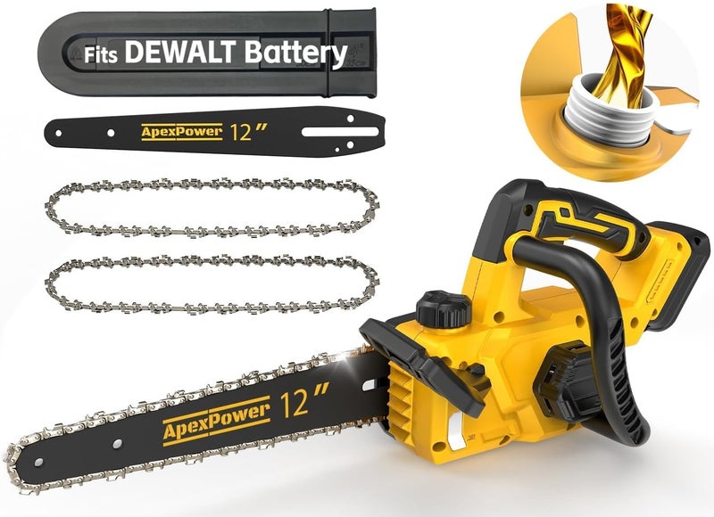 apex power 12 Inch Brushless Electric Chainsaw Cordless, for Dewalt Battery 20V, Compact Chain Saw with 44.3 FT/S Powerful Cutting, Auto Oiler Low Kickback Battery Powered Chainsaw for Tree Trimming Wood Cutting - Image 1